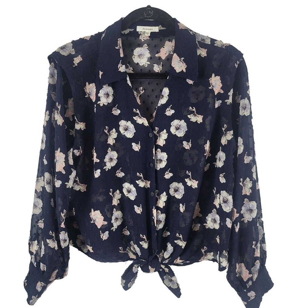 Pleione Tie‎ Button Front Top MP Womens Blue Sheer Floral Print Long Sleeve